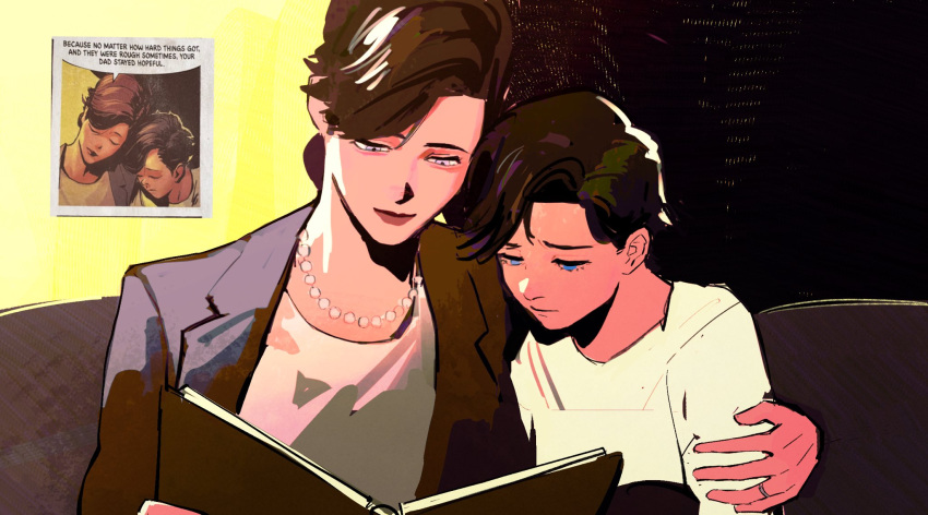 1boy, 1girl, absolute_batman, absolute_dc, black_hair, book, bruce_wayne, bruce_wayne_(absolute_dc)