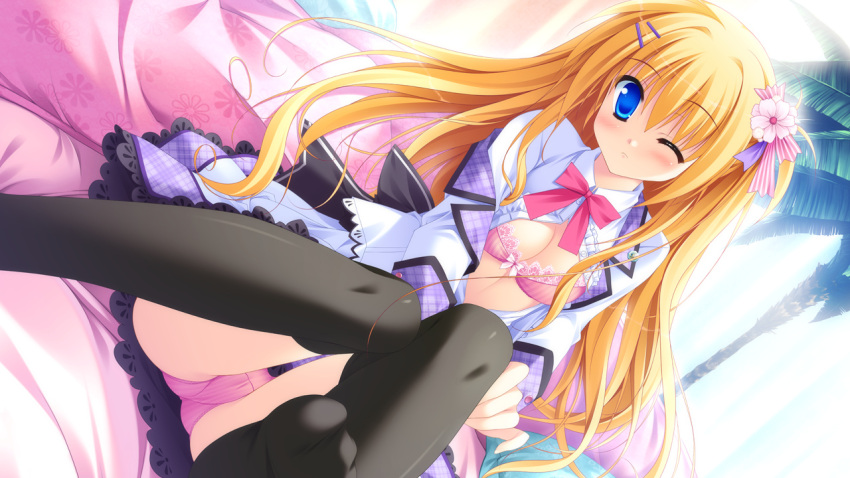 artist_request, bra, breasts, cleavage, diamic_days, dutch_angle, flower, game_cg