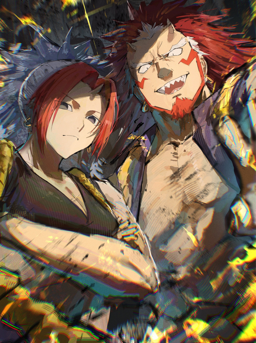 1boy, 1girl, abs, absurdres, bare_pectorals, beard, facial_hair, hidari_(yomi_no_tsugai)