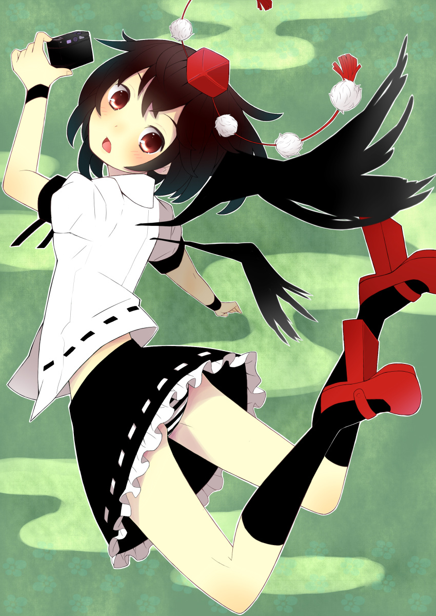 absurdres, black_hair, black_legwear, blush, brown_hair, camera, flying, from_behind