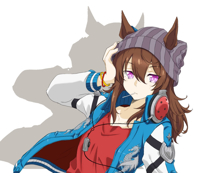 1girl, animal_ears, asagi501, black_jacket, blue_jacket, brown_hair, candy, collarbone
