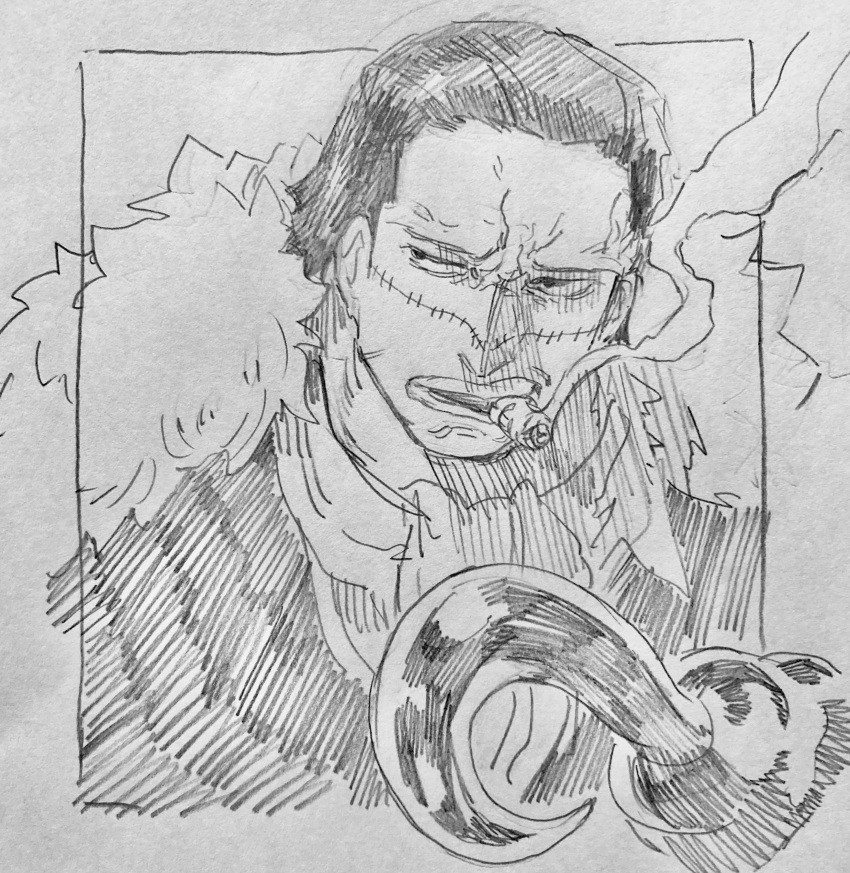1boy, absurdres, ascot, cigar, commentary_request, crocodile_(one_piece), greyscale, hair_slicked_back