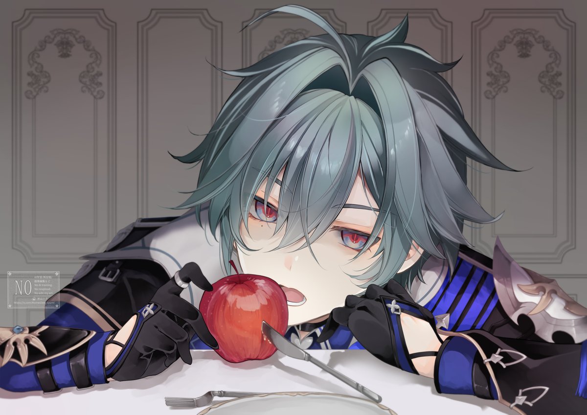 1boy, ahoge, apple, armor, black_gloves, collared_shirt, expressionless, food, fork, fruit, genshin_impact, gloves, green_hair, hair_between_eyes, jewelry, knife, komesiwo_syumi, lohen_(genshin_impact), long_sleeves, looking_at_viewer, mole, mole_under_eye, multicolored_eyes, open_mouth, portrait, ring, shirt, short_hair, shoulder_armor, sitting, solo, straight-on, white_background