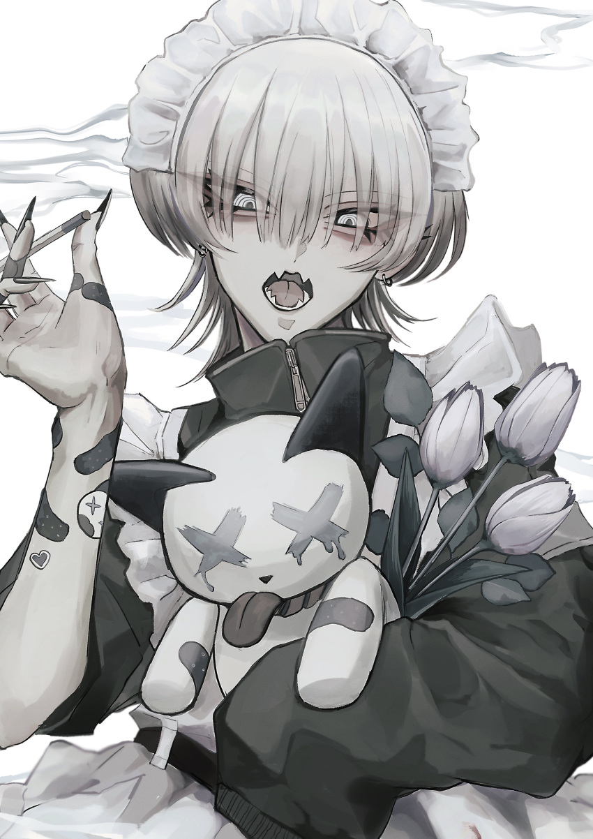 1girl, absurdres, apron, bandaid, bandaid_on_arm, bandaid_on_finger, bandaid_on_hand, black_jacket