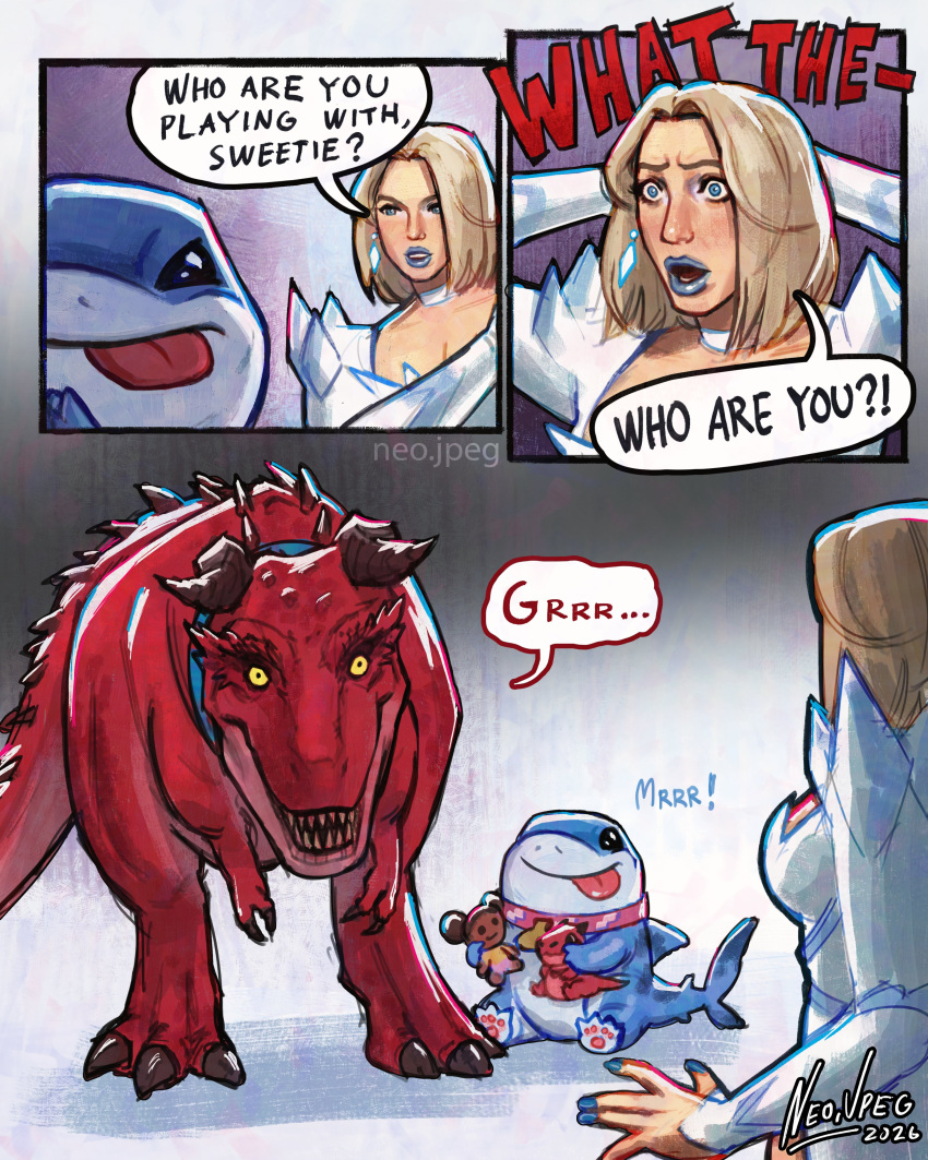 absurdres, blonde_hair, blue_eyes, commentary, devil_dinosaur, dinosaur, emma_frost, english_commentary