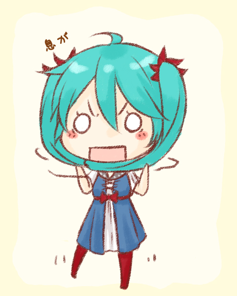 aqua_hair, asphyxiation, blush, chibi, choking, dress, hair_scarf, hatsune_miku