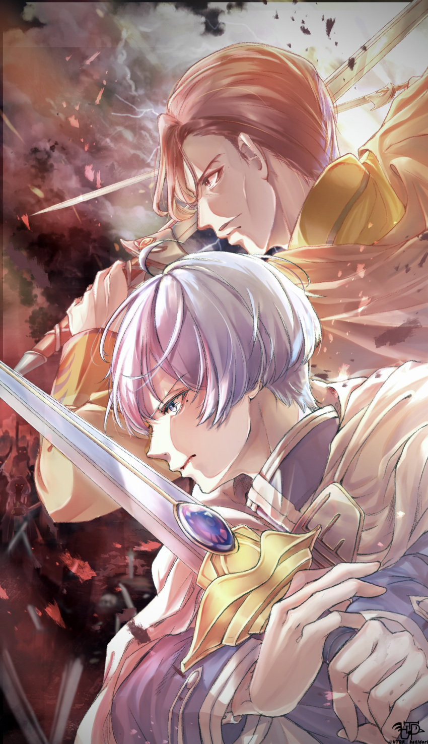 2boys, absurdres, battlefield, blue_eyes, blue_hair, brown_cape, brown_eyes, brown_hair