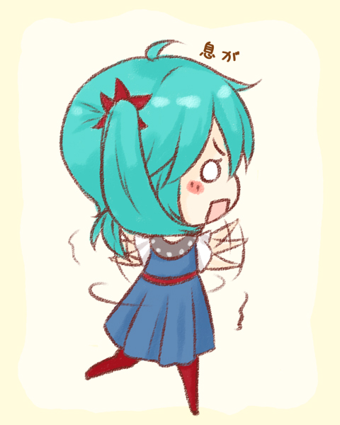 aqua_hair, blush, dress, hatsune_miku, karakuri_pierrot_(vocaloid), omu_(omu929), pantyhose, simple_background