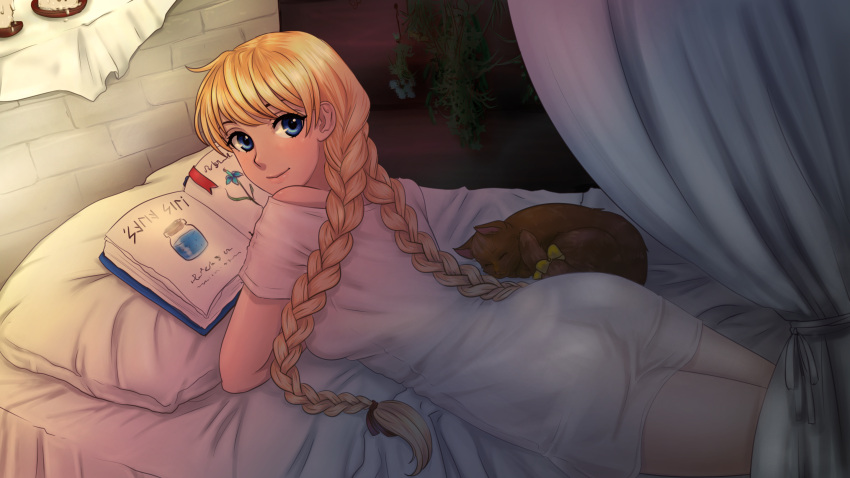 1girl, 1other, ass, backboob, bed, blonde_hair, blue_eyes, book