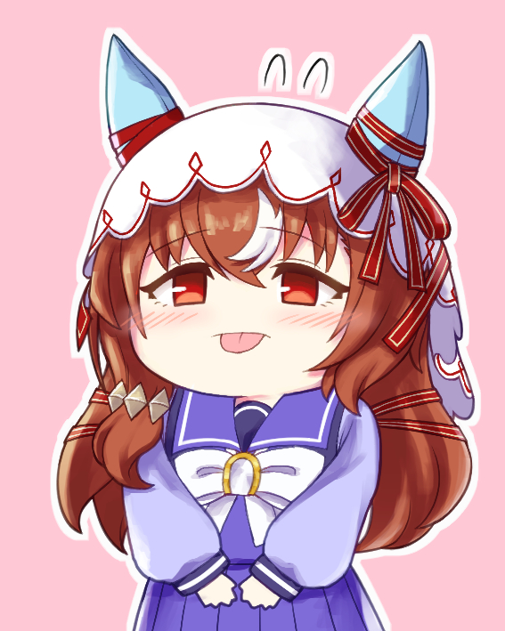 1girl, :p, animal_ears, blush, brown_hair, chibi, commentary_request, hidori_neko_(scarlet_cat_all), horse_ears, horse_girl, horse_tail, long_hair, red_eyes, school_uniform, solo, still_in_love_(umamusume), tail, tongue, tongue_out, tracen_school_uniform, umamusume, veil