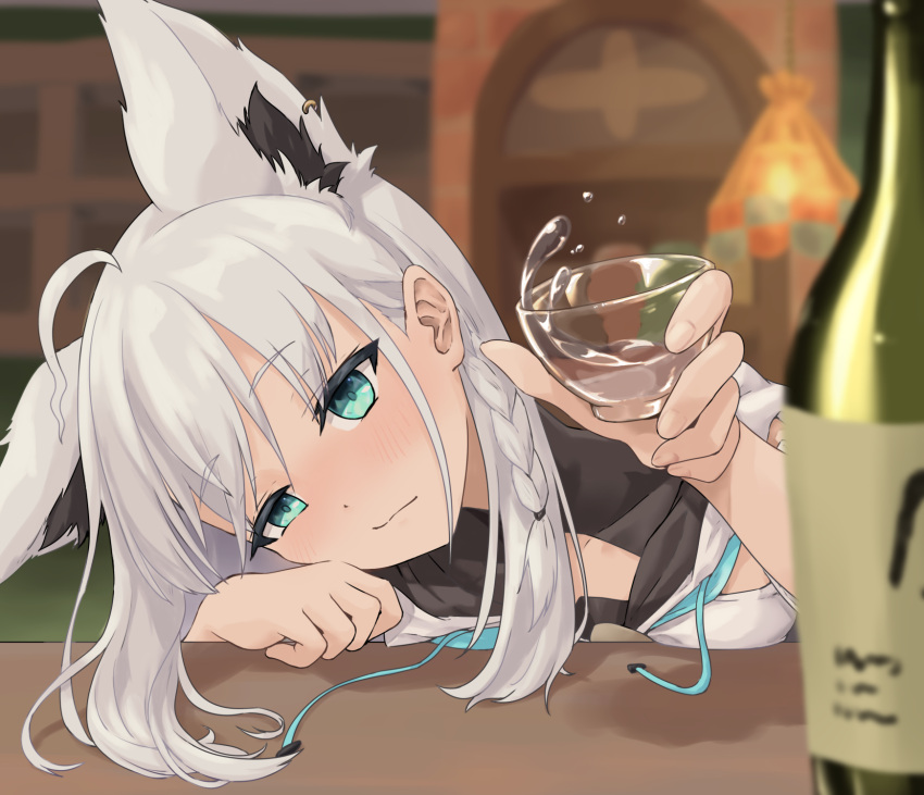 1girl, ahoge, alcohol, animal_ears, aqua_eyes, bottle, braid, cheek_rest