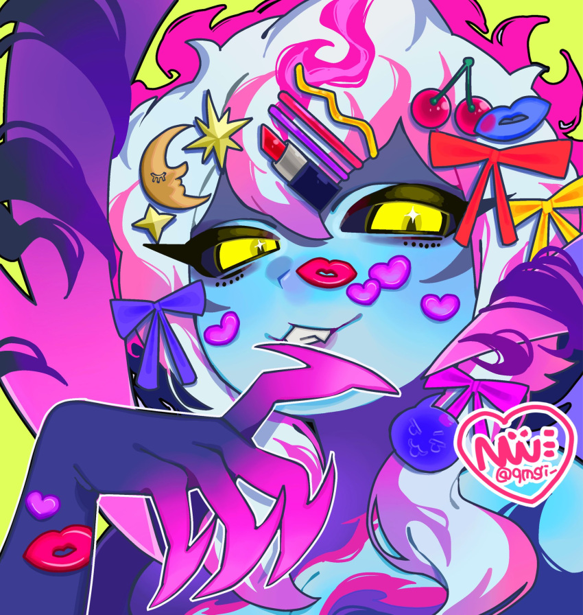 1girl, artist_name, breasts, cherry, close-up, commentary, demon_girl, earrings, evelynn_(league_of_legends), fingernails, food, fruit, hair_ornament, hair_ribbon, hairclip, heart, highres, jewelry, lashers, league_of_legends, lips, long_hair, looking_at_viewer, makeup, moon, nw_(qmgi_), pointed_bangs, ribbon, sharp_fingernails, smile, solo, star_(symbol), twitter_username, untranslatable_commentary, white_hair, yellow_eyes