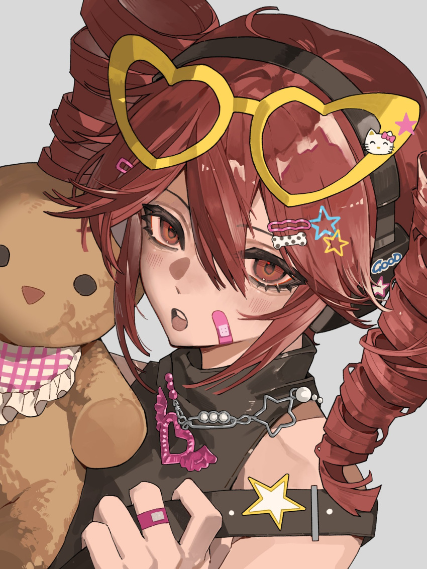 1girl, ahoge, bandaid, bandaid_on_face, black_shirt, bloodshot_eyes, chouti_ttt, commentary