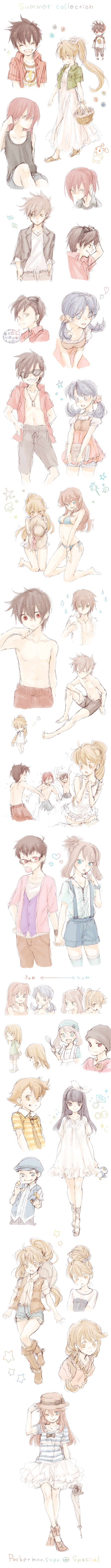 absurdres, alternate_costume, alternate_hairstyle, basket, bikini, black_hair, blonde_hair, blue_(pokemon)