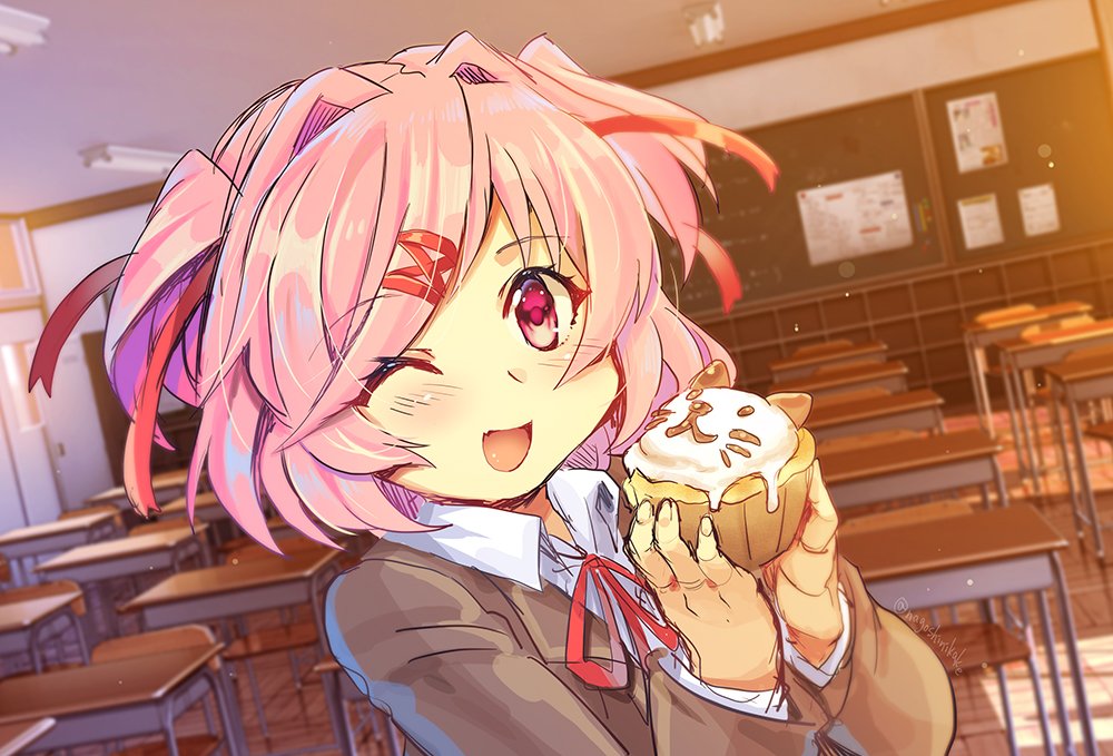 1girl, animal-themed_food, blazer, blush, classroom, collared_shirt, commentary_request, cupcake