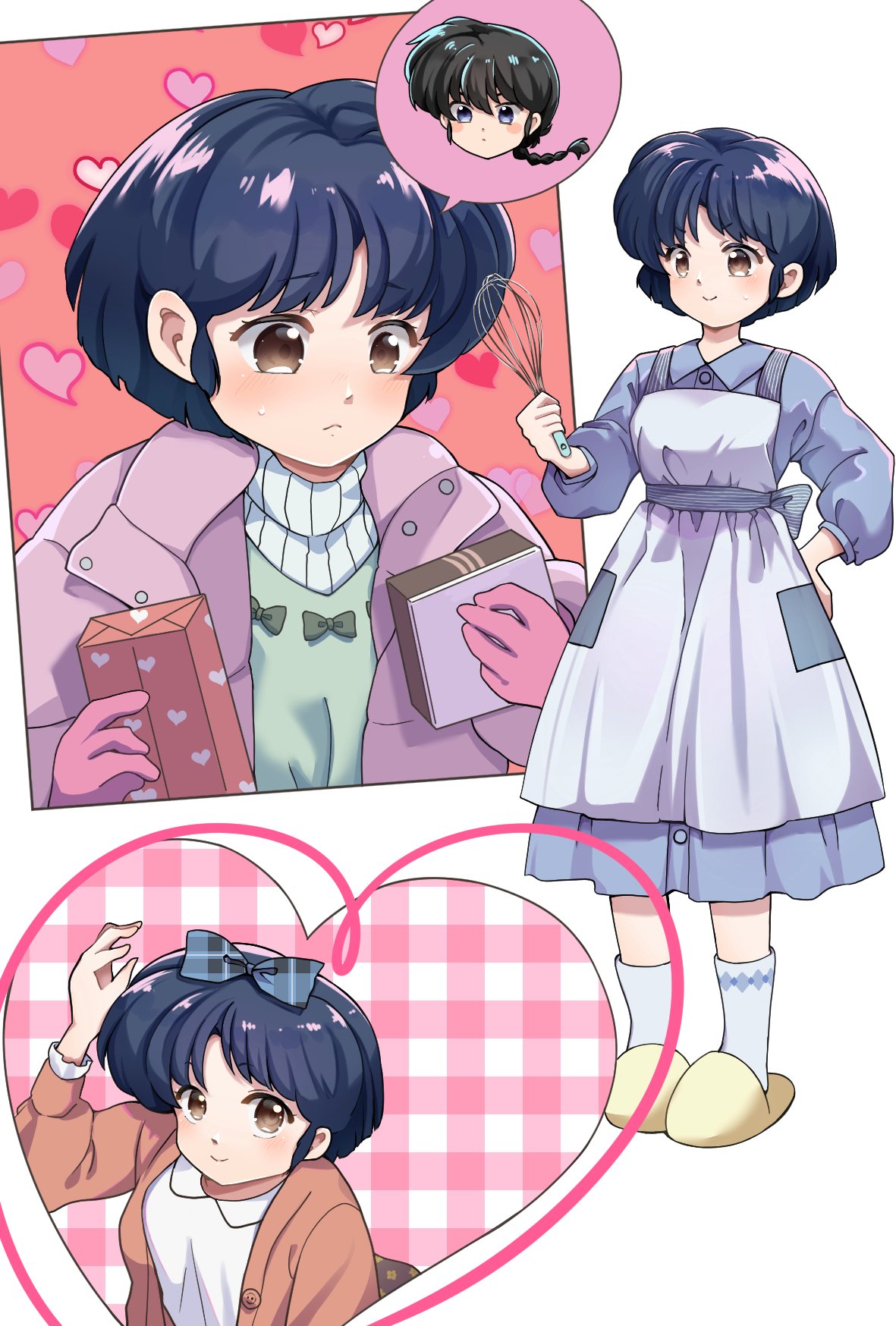 1boy, 1girl, apron, black_hair, blue_apron, blue_bow, blue_dress, blue_eyes