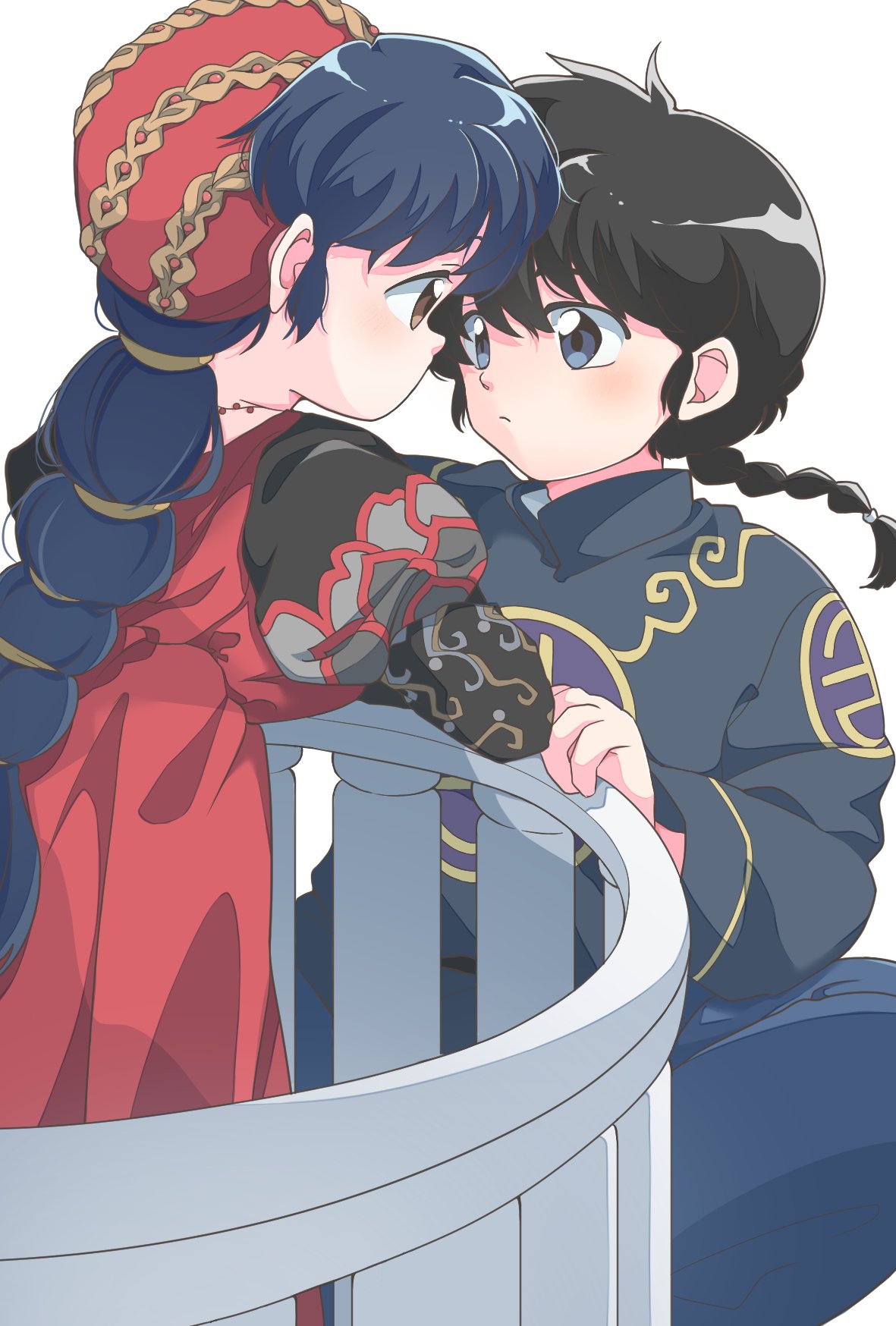 1boy, 1girl, black_hair, blue_eyes, blue_hair, closed_mouth, commentary, cosplay