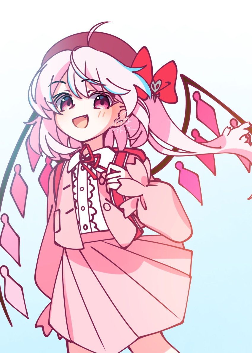 1girl, :d, ahoge, alternate_color, alternate_costume, alternate_eye_color, alternate_hair_color, alternate_headwear