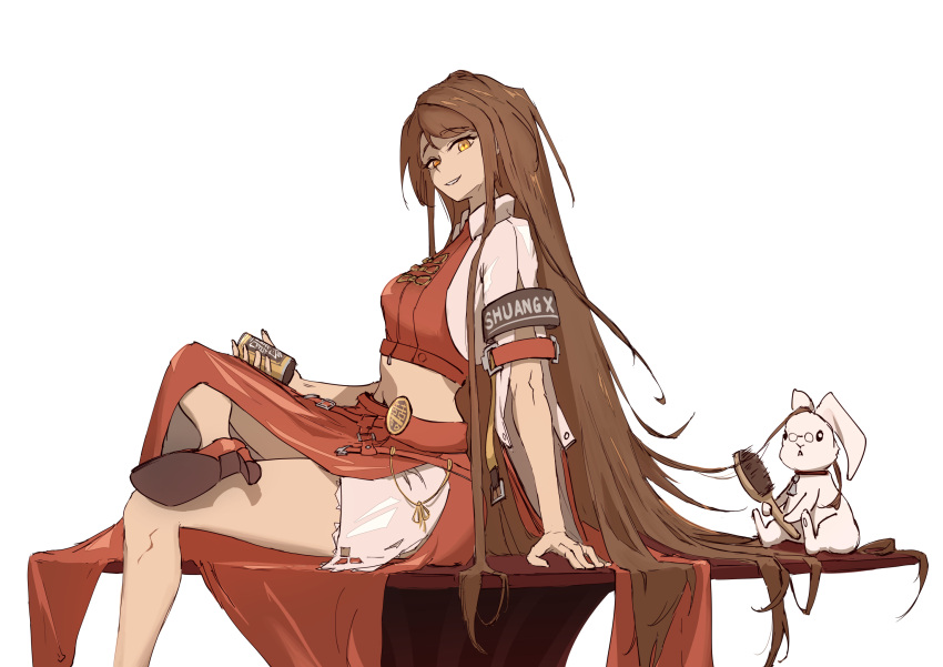 1girl, alternate_hairstyle, breasts, brown_eyes, brown_hair, can, chinese_clothes, crop_top