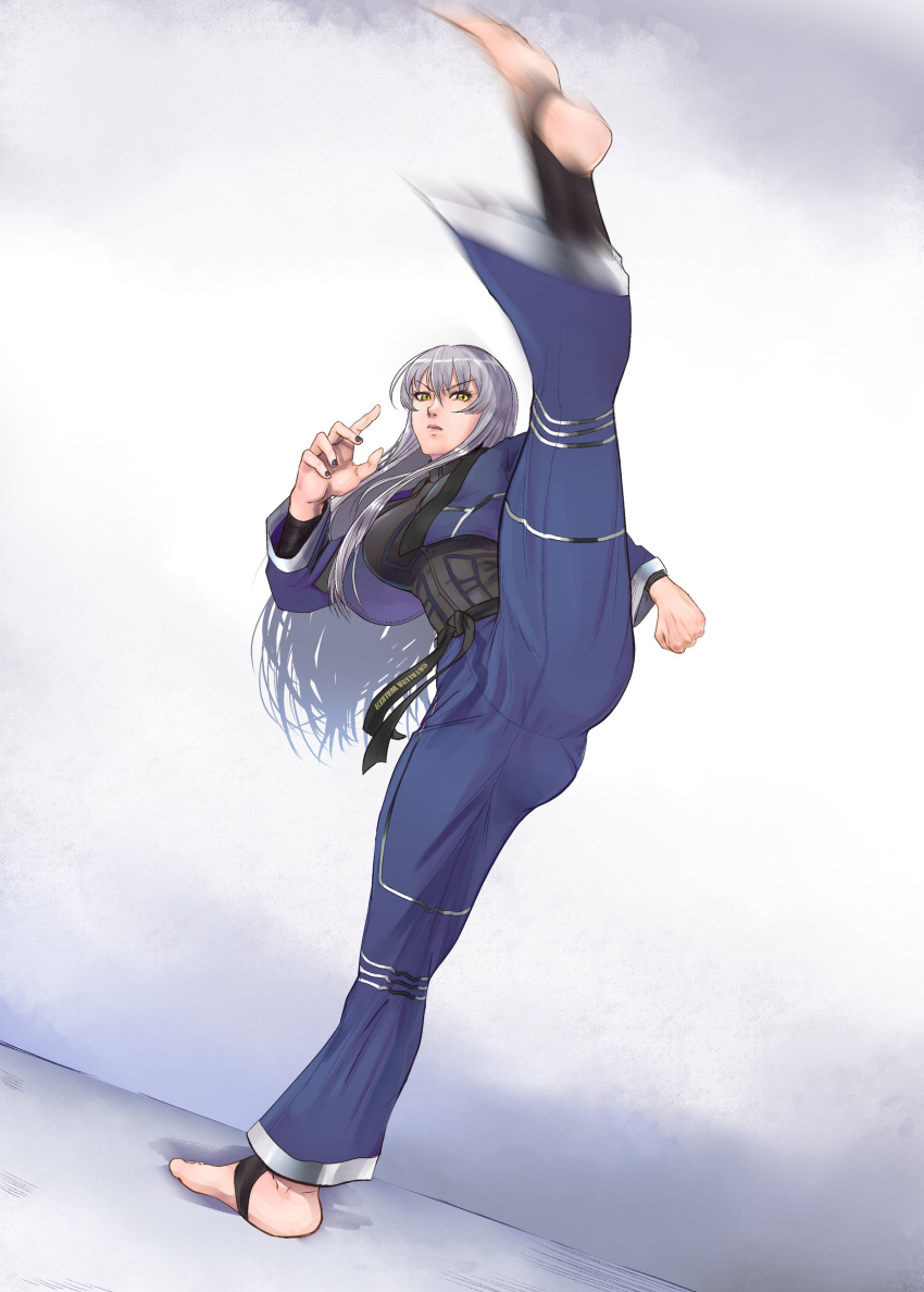 1girl, absurdres, blue_dougi, blue_jacket, catalina_walker_(tatsumi5032), clenched_hand, commentary, commission