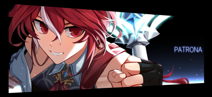 1girl, armor, black_border, black_gloves, blue_gem, border, commentary_request, crystal