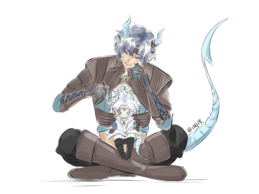 2boys, aged_down, amua690459, angert_(infinity_nikki), armor, black_pants, blue_eyes, blue_hair, blue_horns, blue_scales, blue_shirt, blue_skin, book, boots, brown_boots, brown_gloves, brown_shrug, child, chinese_commentary, circlet, closed_mouth, collared_vest, colored_extremities, colored_skin, commentary_request, crescent, crescent_necklace, crop_top, cross-laced_armwear, crossed_ankles, downturned_eyes, dragon_boy, dragon_horns, dragon_tail, fingerless_gloves, full_body, gloves, gold_circlet, hand_on_own_cheek, hand_on_own_face, high_collar, holding, holding_book, horns, infinity_nikki, jewelry, knee_boots, long_sleeves, looking_at_another, male_focus, meghill_(infinity_nikki), midriff, multiple_boys, necklace, nikki_(series), open_book, pants, parted_bangs, pauldrons, pointy_ears, reading, shadow, shirt, short_hair_with_long_locks, shoulder_armor, shrug_(clothing), signature, simple_background, sitting, sitting_on_lap, sitting_on_person, smile, tail, tan, twirling_hair, vest, white_background, white_hair, white_vest