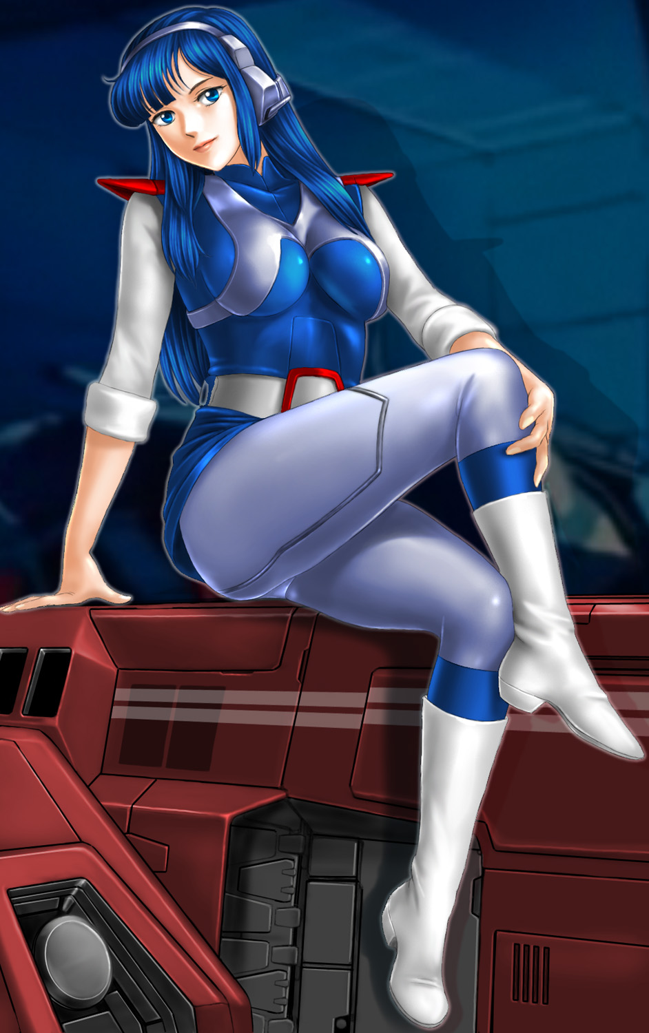 1girl, arm_support, belt, blue_eyes, blue_hair, boots, breasts, choujikuu_kidan_southern_cross