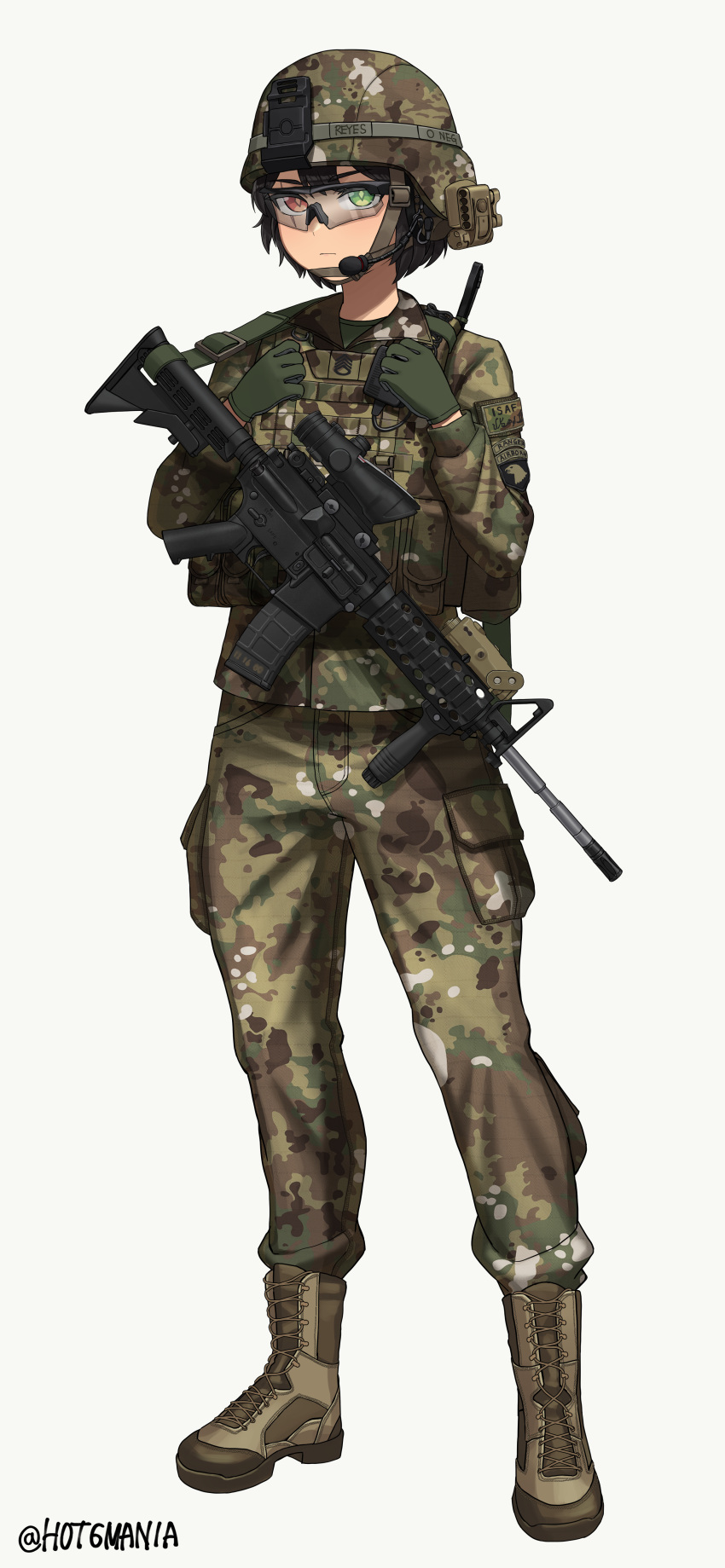 1girl, absurdres, artist_name, assault_rifle, black_hair, boots, brown_boots, bt_(user_udwc7853), camouflage, camouflage_helmet, camouflage_pants, combat_boots, combat_helmet, fast_helmet, gloves, green_eyes, green_gloves, gun, gun_sling, helmet, heterochromia, highres, load_bearing_vest, military, military_combat_uniform, military_fatigues, military_uniform, orange_eyes, original, pants, patch, pocket, rifle, scope, short_hair, shoulder_patch, simple_background, standing, twitter_username, unit_patch, walkie-talkie, watermark, weapon, white_background