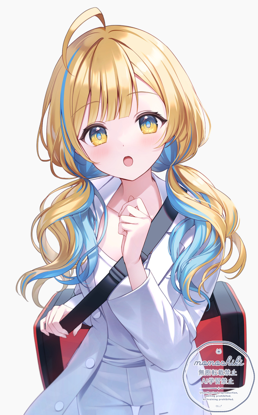 1girl, :o, ahoge, bag, blonde_hair, blue_hair, blue_streaks, colored_inner_hair