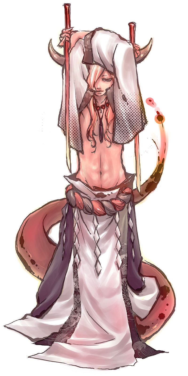 abs, arms_up, dual_wielding, hair_over_one_eye, halftone, highres, hip_bones, inu_no_esa
