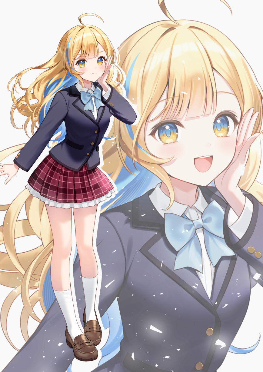 1girl, :d, ahoge, black_jacket, blonde_hair, blue_bow, blue_bowtie, blue_eyes