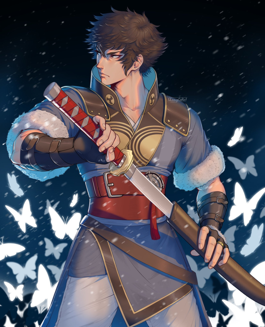 1boy, artist_name, black_gloves, brown_eyes, brown_hair, bug, butterfly, closed_mouth