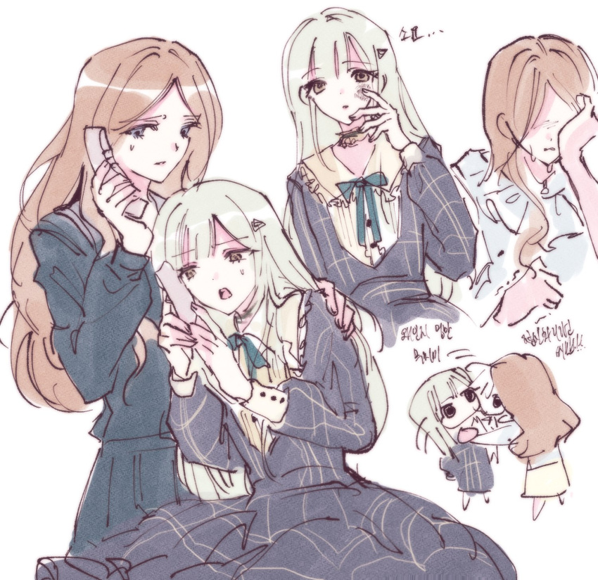 2girls, bang_dream!, bang_dream!_it's_mygo!!!!!, blue_dress, blue_shirt, blue_skirt, blunt_bangs, brown_hair