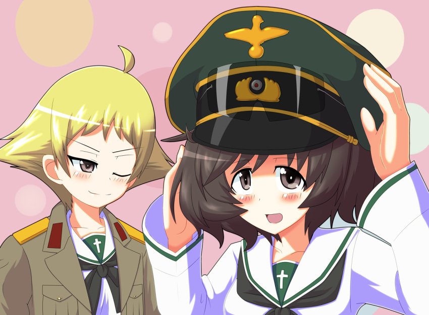 2girls, ahoge, akiyama_yukari, black_neckerchief, blonde_hair, blush, brown_eyes, brown_hair
