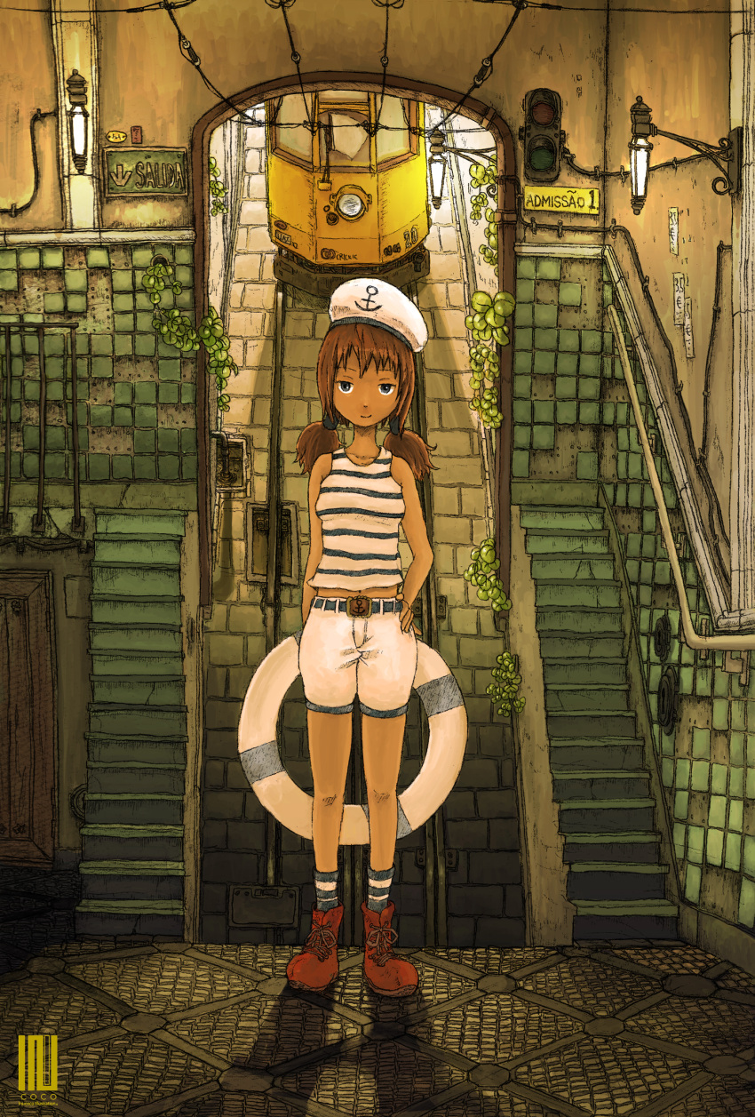 belt, black_eyes, brown_hair, cable_car, flat_gaze, hand_on_hip, hat, highres, hips, innertube, inukoko, lantern, navel, original, portugal, portuguese, railroad_signal, railroad_tracks, sailor_hat, shirt, shorts, sleeveless, sleeveless_shirt, smirk, socks, solo, stairs, streetcar, striped, striped_shirt, striped_socks, surreal, tan, train, twintails