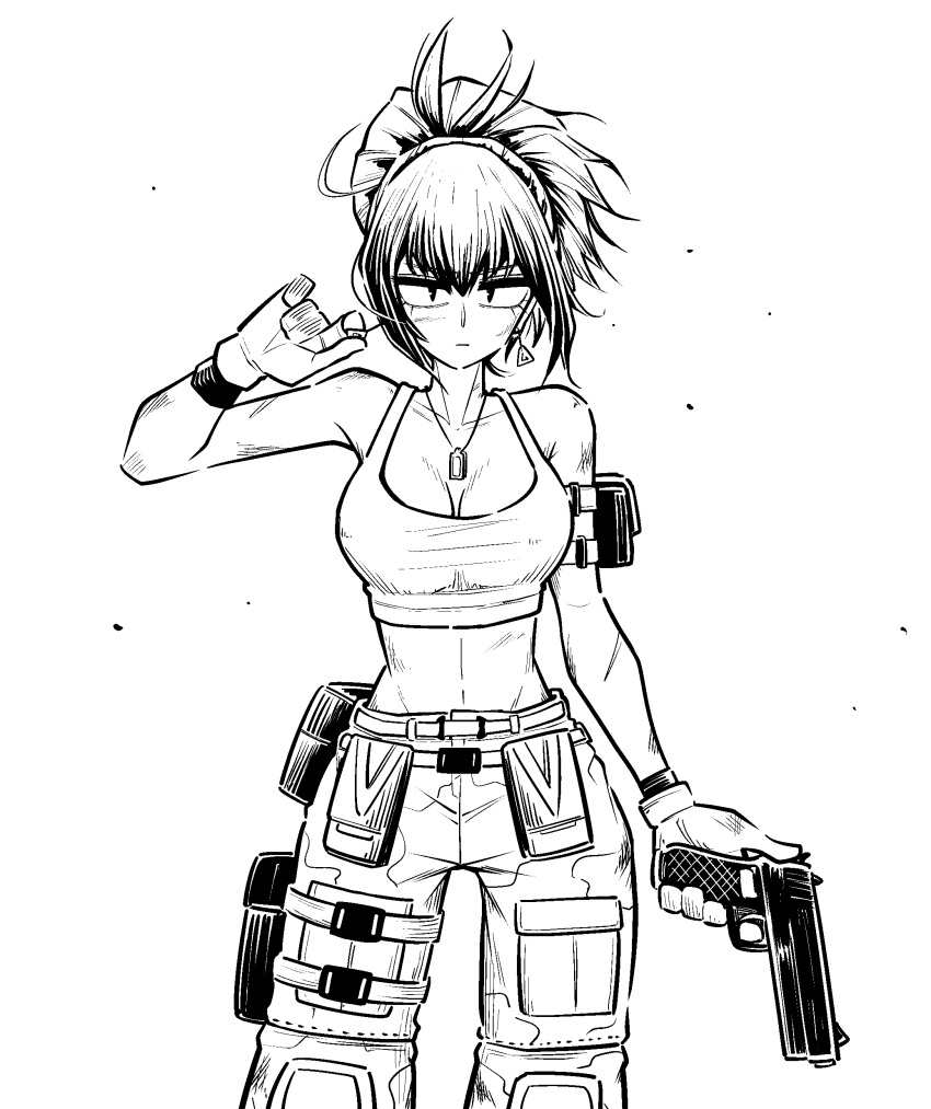 1girl, absurdres, arm_pouch, bare_shoulders, cargo_pants, dog_tags, earrings, gloves