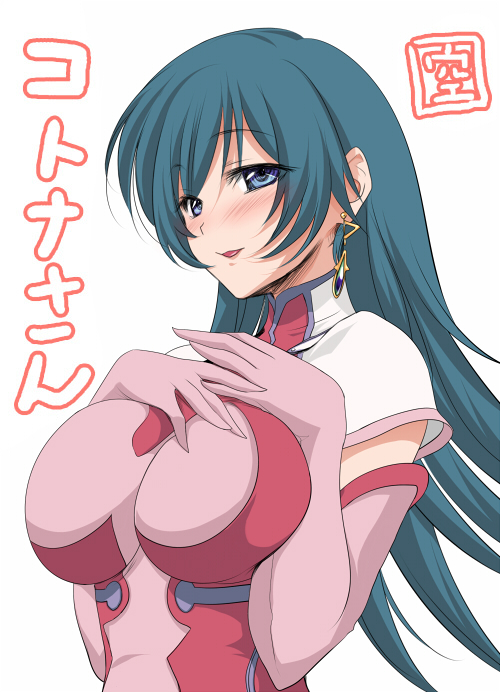 blue_hair, blush, breasts, earrings, elbow_gloves, gloves, jewelry, kotona_elegance