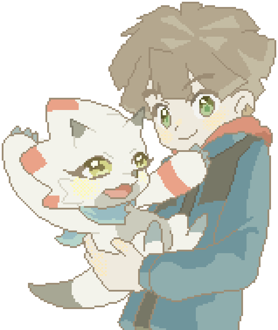 2boys, amanokawa_hiro, brown_hair, chibikemo, digimon, digimon_(creature), digimon_ghost_game, dokk_q