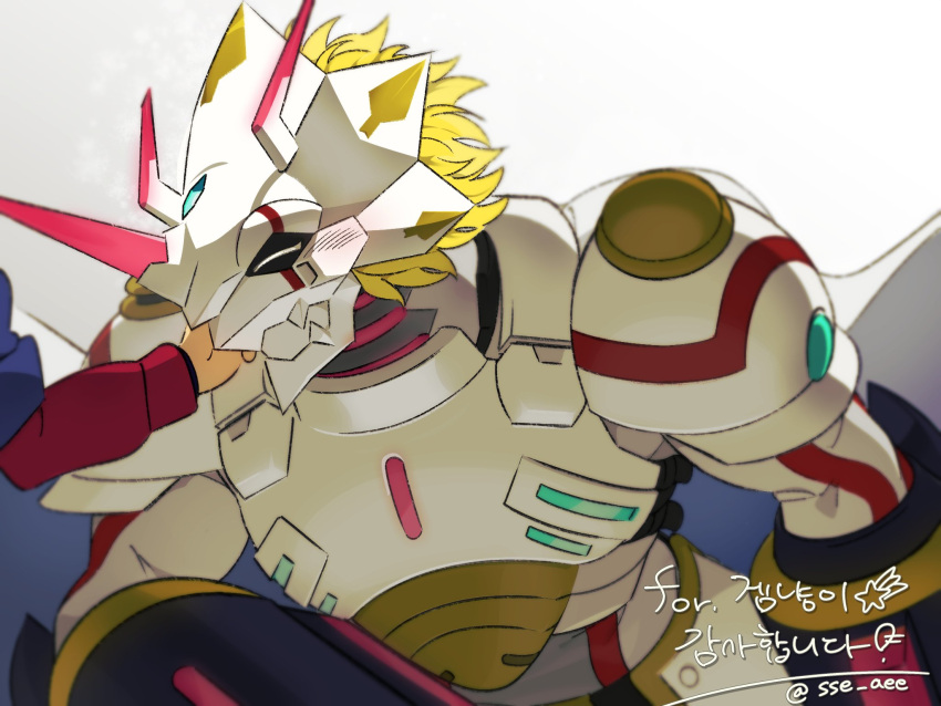 2boys, amanokawa_hiro, arm_out_of_frame, armor, blonde_hair, blush, cape, digimon