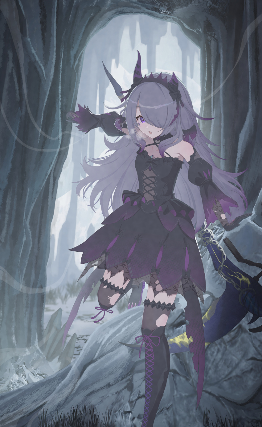 1girl, absurdres, asymmetrical_horns, black_dress, chest_jewel, dress, fake_horns, gloves