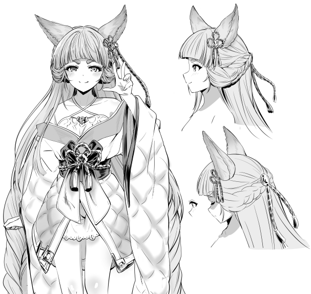 1girl, animal_ears, bare_shoulders, braid, breasts, closed_eyes, collarbone, commentary_request, erune, granblue_fantasy, japanese_clothes, kimono, long_hair, long_sleeves, looking_at_viewer, pholia, pholia_(yukata), ryuu-tan_(miuron), small_breasts, smile, solo, standing, yukata