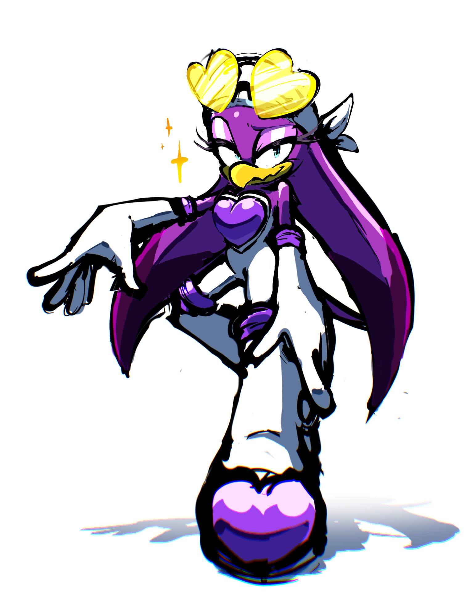 1girl, ace2564, bandana, beak, bird, bird_girl, black_eyes, blue_eyes, bodysuit, boots, breasts, cosplay, elbow_gloves, eyelashes, eyeshadow, eyewear_on_head, full_body, furry, furry_female, gloves, headband, heart, heart-shaped_eyewear, highres, long_hair, looking_at_viewer, makeup, purple_eyeshadow, purple_fur, purple_hair, rouge_the_bat, rouge_the_bat_(cosplay), simple_background, smile, solo, sonic_(series), sonic_riders, sonic_riders_(series), sparkle, standing, standing_on_one_leg, sunglasses, thigh_boots, tinted_eyewear, wave_the_swallow, white_background, white_gloves, white_headband, yellow-framed_eyewear, yellow-tinted_eyewear