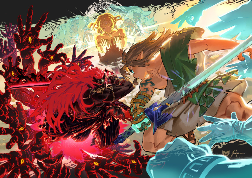 blonde_hair, braid, commentary, earrings, english_commentary, furry, furry_female, furry_male, ganondorf, hair_ornament, highres, holding, holding_sword, holding_weapon, jewelry, link, long_hair, master_sword, mineru_(zelda), multiple_boys, multiple_girls, muscular, naokuren, pointy_ears, princess_zelda, rauru_(tears_of_the_kingdom), red_hair, riju, short_hair, sidon, sonia_(zelda), sword, the_legend_of_zelda, the_legend_of_zelda:_tears_of_the_kingdom, tulin_(zelda), very_long_hair, weapon, yunobo, zonai