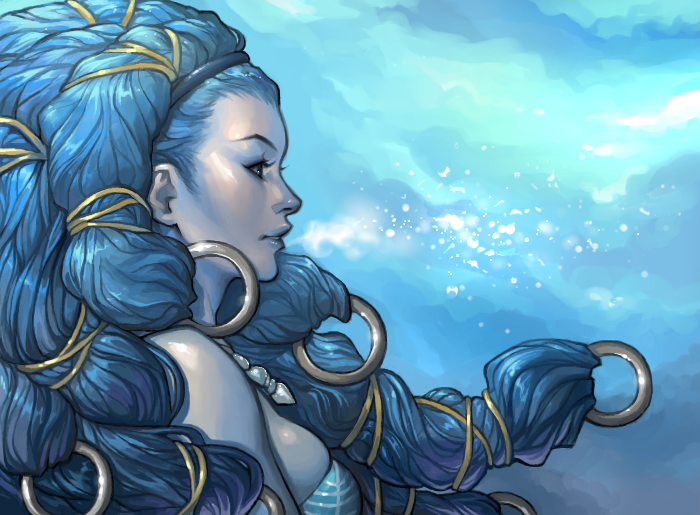 blue_skin, breasts, daimida, final_fantasy, final_fantasy_x, jewelry, ring, shiva_(final_fantasy), sideboob