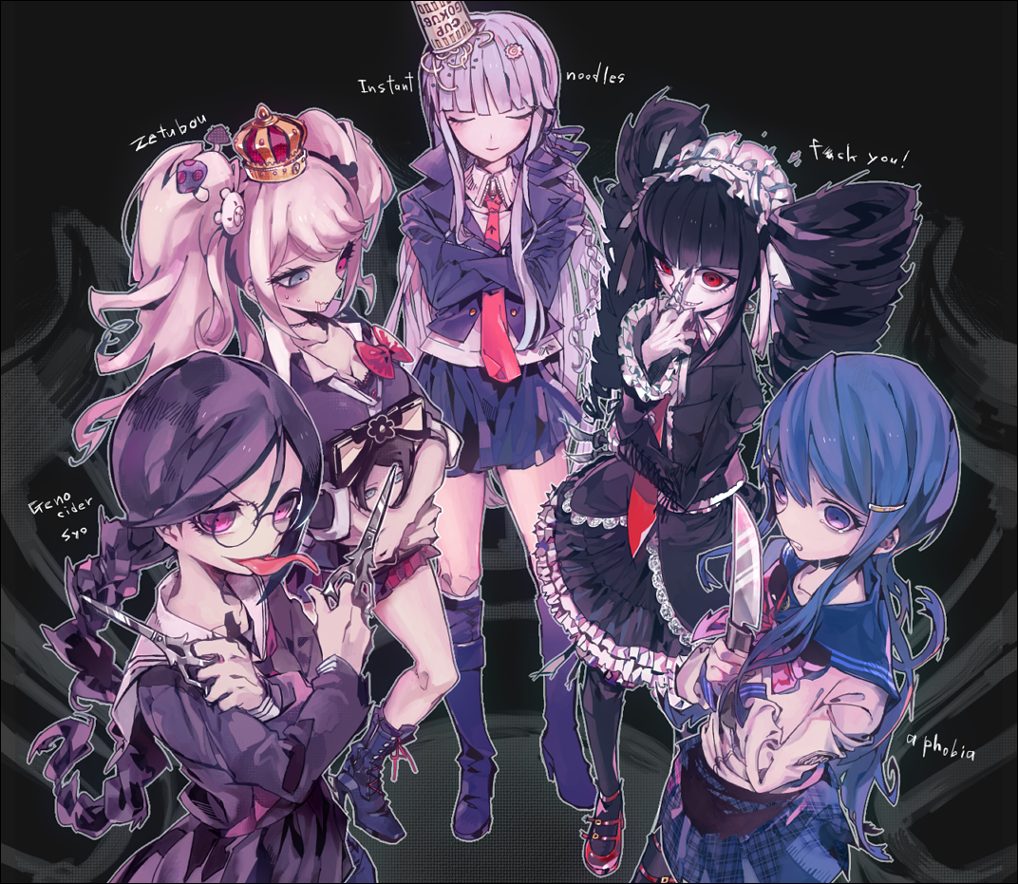 5girls, black_hair, black_legwear, blue_eyes, blue_hair, bow, braid, celestia_rudenberk