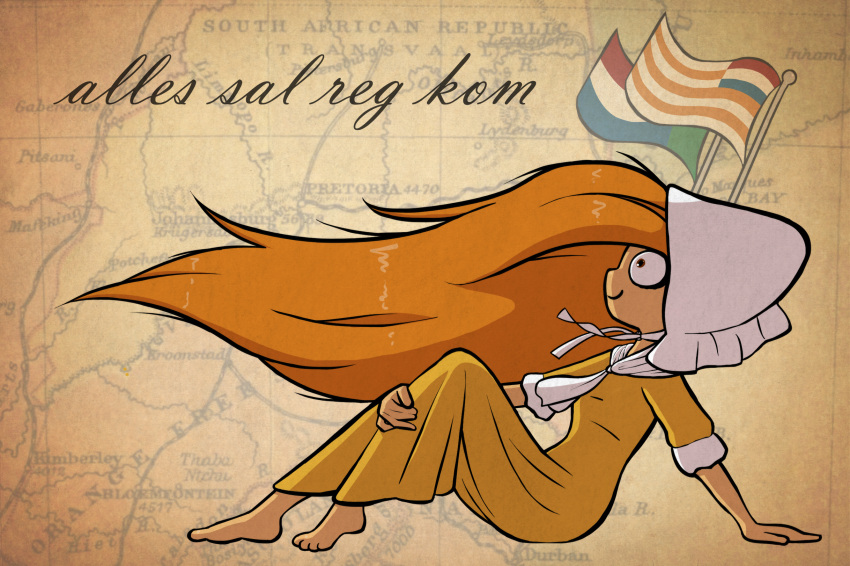 1girl, arm_support, barefoot, bonnet, breasts, brown_background, brown_eyes, closed_mouth