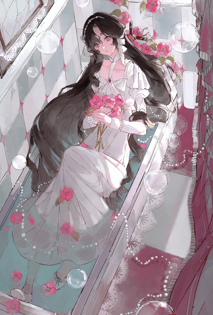 1girl, absurdres, black_hair, bubble, cellophane_(yrsnswli242801), closed_mouth, commentary, curtains, dress, flower, full_body, highres, holding, holding_flower, in_bathtub, indoors, isolde_(reverse:1999), juliet_sleeves, long_hair, long_sleeves, looking_at_viewer, partially_submerged, puffy_sleeves, reverse:1999, shoes, sitting, solo, tile_floor, tile_wall, tiles, untranslatable_commentary, very_long_hair, violet_eyes, water, white_dress, white_shoes
