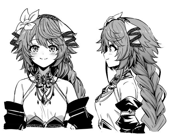 1girl, bare_shoulders, braid, braided_ponytail, breasts, collarbone, commentary_request, detached_sleeves