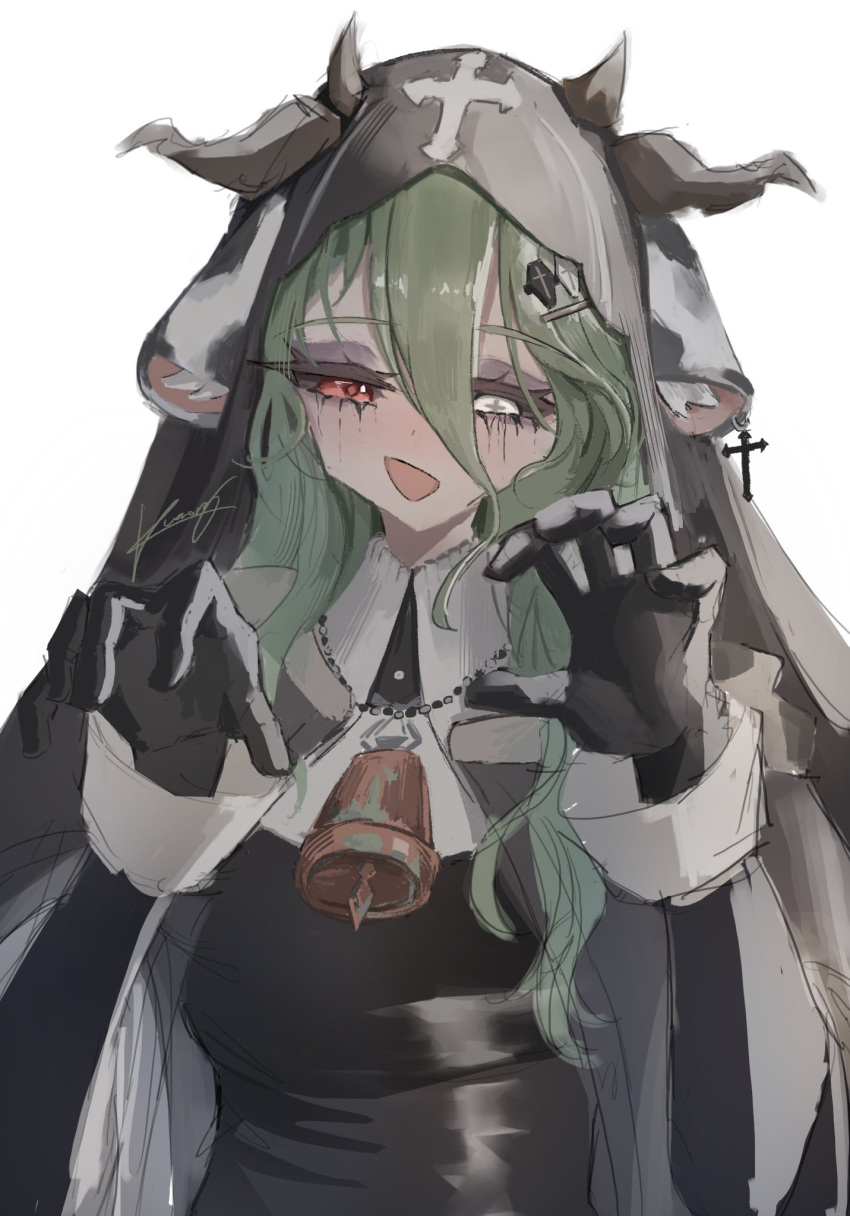 1girl, animal_ears, bead_necklace, beads, bell, black_dress, black_gloves, black_sclera