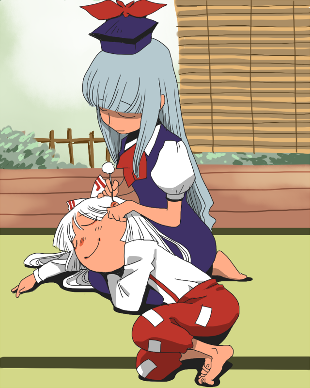 barefoot, cleaning_ears, closed_eyes, cotton_swab, eyes_closed, fujiwara_no_mokou, happy, hat